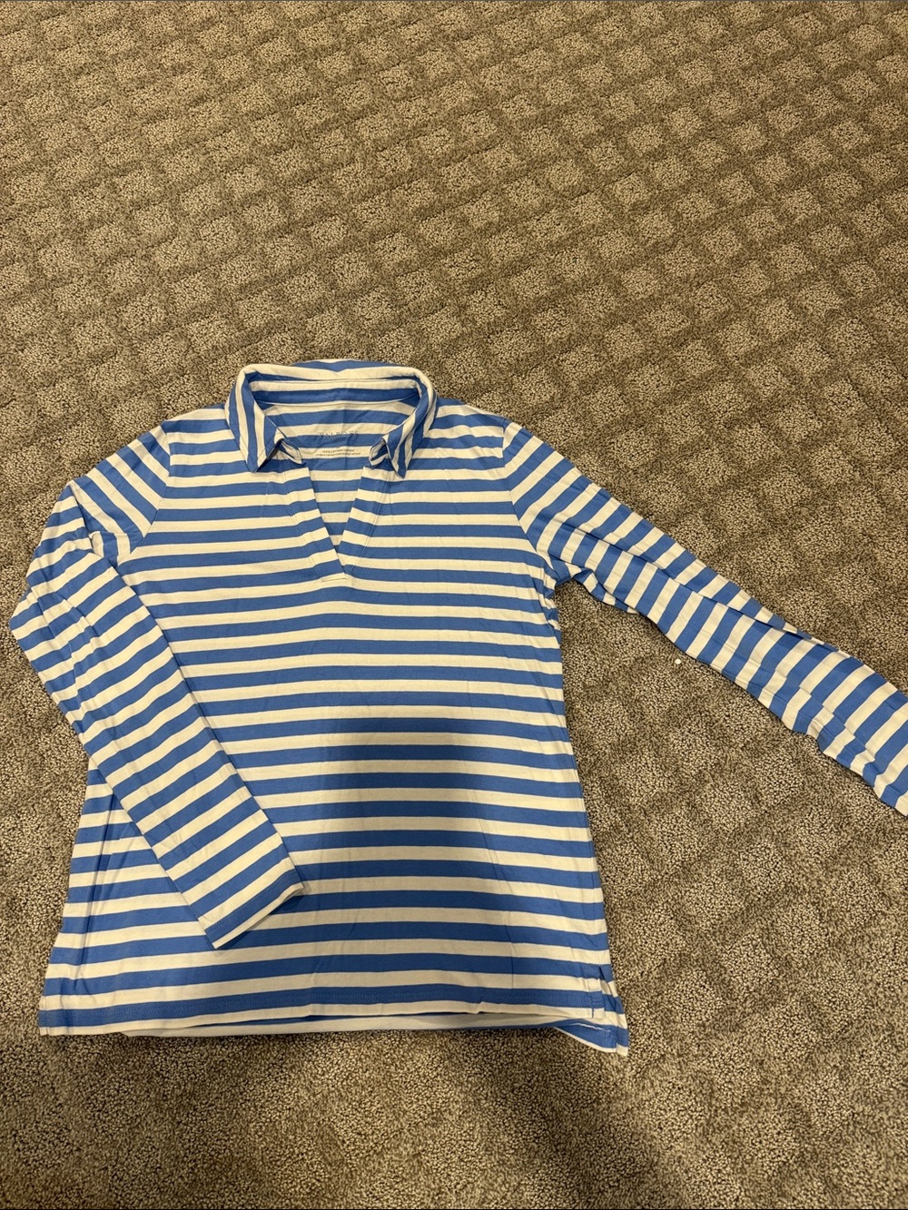Blue and White Striped Long-Sleeve Polo Top